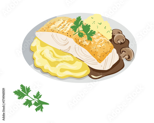 Pan Seared Salmon Fillet Served with Creamy Mashed Potatoes and Mushroom Gravy on a Plate for a Comforting Dinner - Vector Illustration	
