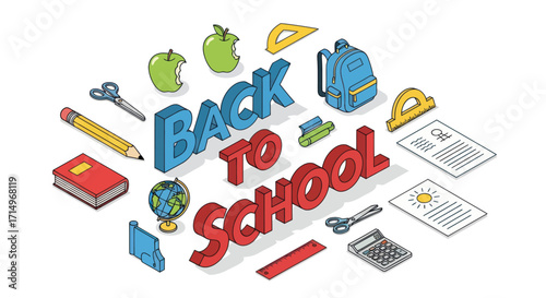 Isometric Back to School 3D text surrounded by a collection of colorful school supply icons.