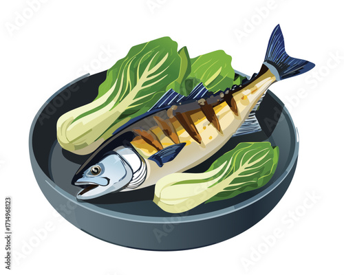 Grilled Whole Mackerel Fish with Fresh Bok Choy and Lemon Wedge Resting on a Dark Plate Ready for a Gourmet Meal - Vector Illustration	
