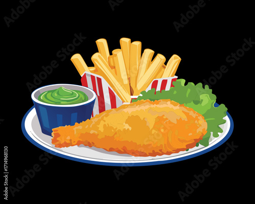 Large Crispy Fried Fish Fillet Beside Golden French Fries and Dipping Sauce on a Simple Plate Perfect for Takeaway - Vector Illustration	