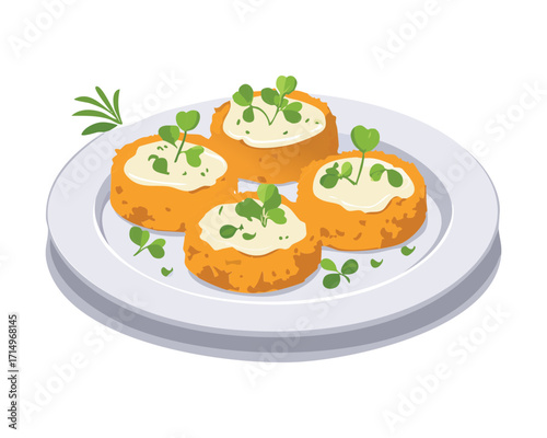Appetizing Potato Fritters Topped with Fresh Sour Cream and Chopped Chives Served on a Clean Minimalist Plate - Vector Illustration	