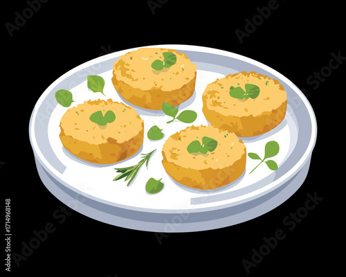 Delicious Golden Brown Potato Croquettes with Herbs on White Plate Ready to Serve for a Savory Meal - Vector Illustration	