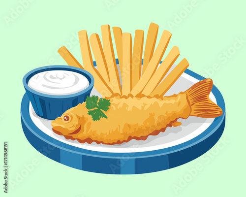 Crispy Battered Fish Fillet Served with Golden French Fries and a Small Bowl of Tartar Dipping Sauce for a Classic Meal - Vector Illustration	
