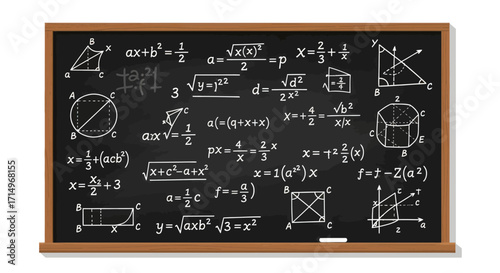 Blackboard with Complex Mathematical Formulas and Geometric Shapes.