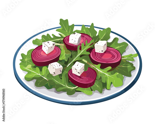Fresh and Colorful Beetroot and Feta Cheese Salad Served on a Bed of Rocket Leaves for a Light and Healthy Meal - Vector Illustration	