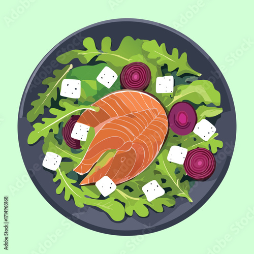 Vibrant Healthy Salmon Salad Featuring a Fillet on a Bed of Dark Green Arugula with Feta Cheese and Bright Cranberries - Vector Illustration	