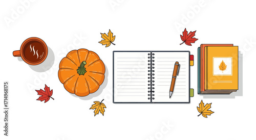 Cozy autumn flat lay illustration with a notebook pumpkin coffee and books.