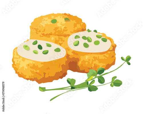 Three Golden Brown Salmon or Fish Cakes Topped with a Dollop of Sour Cream and Fresh Chopped Green Herbs - Vector Illustration	