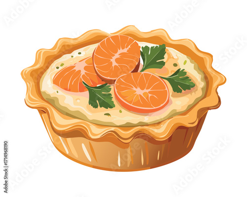 Classic Savory Quiche or Tart Filled with Creamy Seafood and Topped with Fresh Bright Green Parsley for an Appetizer - Vector Illustration	