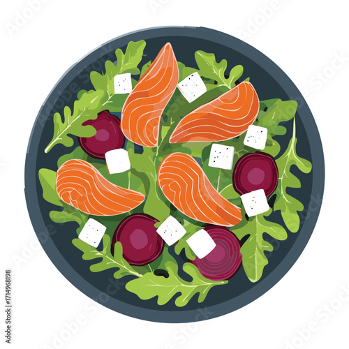 Gourmet Smoked Salmon Salad on a Bed of Fresh Arugula with Cubes of Feta Cheese Beets and Cherry Tomatoes - Vector Illustration	