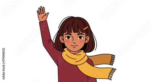 A cute cartoon girl with short brown hair and a yellow scarf waving her hand in greeting.