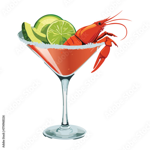 Refreshing, elaborate seafood cocktail with red shrimp or lobster, served in a martini glass and garnished with a crisp cucumber slice and lime wedge - Vector Illustration.