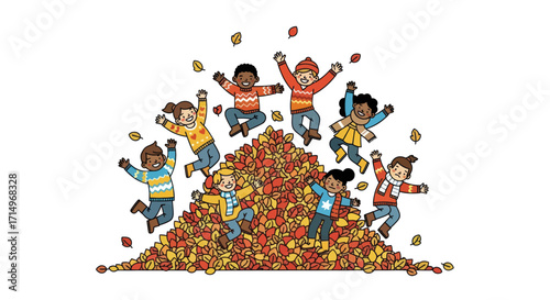 Joyful Children Jumping in Autumn Leaf Pile.