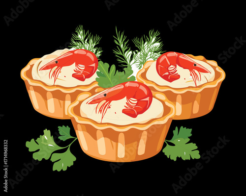 Homemade savory mini quiches or tartlets, generously filled with a creamy sauce and topped with perfectly cooked red shrimp or lobster meat - Vector Illustration.