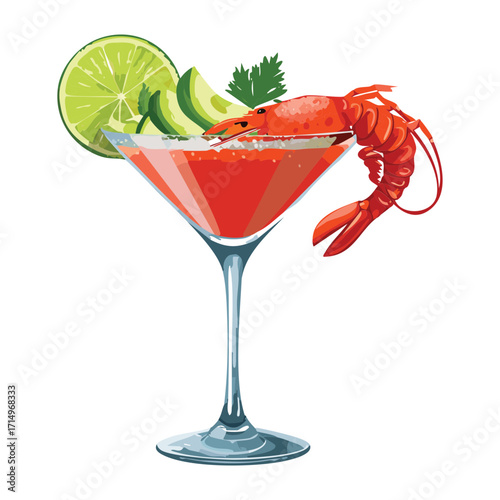 Classic chilled shrimp or lobster cocktail, elegantly served in a stemmed martini glass with a red sauce, lime slice, and fresh herb garnish - Vector Illustration.

