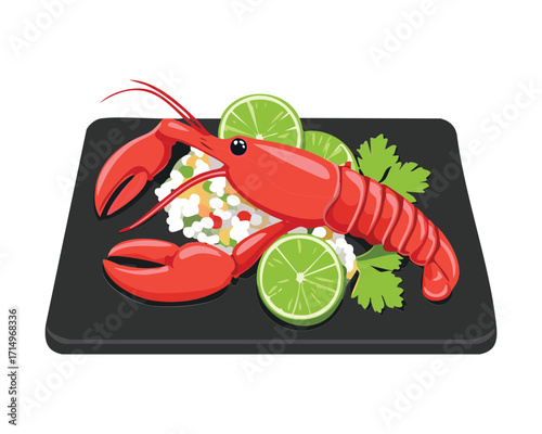 Modern presentation of a red lobster or large shrimp, served with white rice and bright green lime wedges on a sleek, rectangular black plate - Vector Illustration.