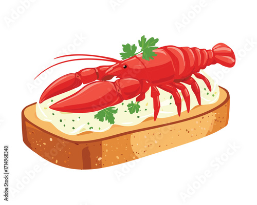 Rich and satisfying open-faced sandwich, showcasing a succulent red lobster placed on a generous layer of savory spread and whole grain bread - Vector Illustration.

