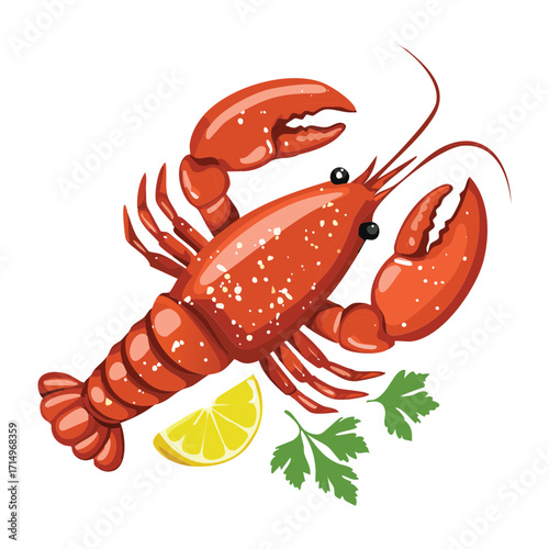  A single, beautifully prepared red lobster with bright claws, garnished with fresh lemon wedges and scattered green parsley on a neutral background - Vector Illustration.