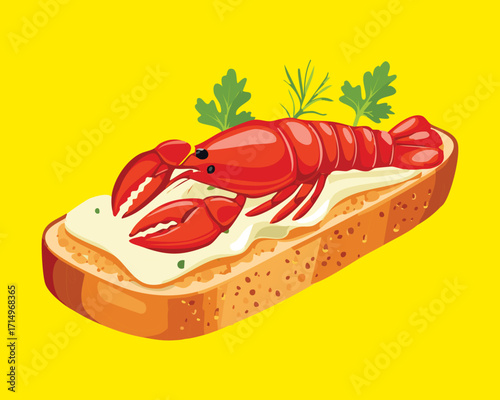 Delicious classic lobster roll or open-faced sandwich, featuring creamy sauce, fresh green herbs, and a halved red lobster on a thick slice of toast - Vector Illustration.