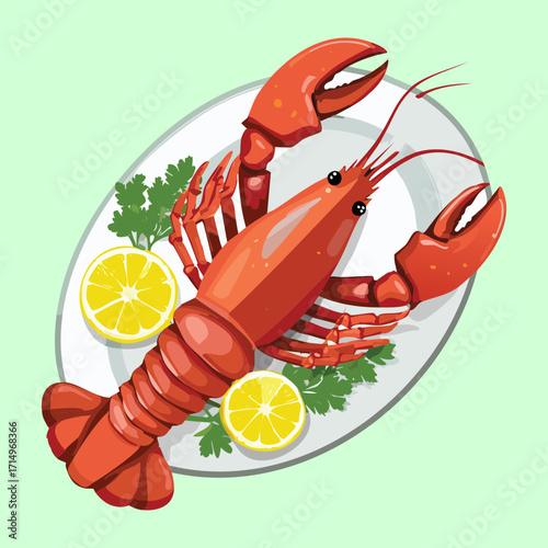 A magnificent large cooked lobster, ready to eat, served on a vibrant white platter and adorned with fresh green parsley and dill sprigs - Vector Illustration.