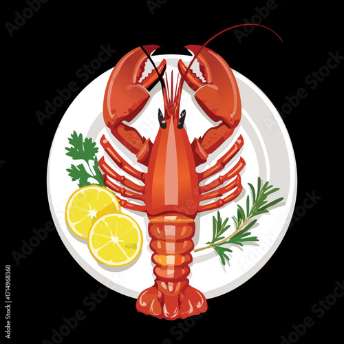 Whole cooked red lobster, perfectly boiled and elegantly presented on a white plate with fresh lemon slices and rosemary garnish - Vector Illustration.