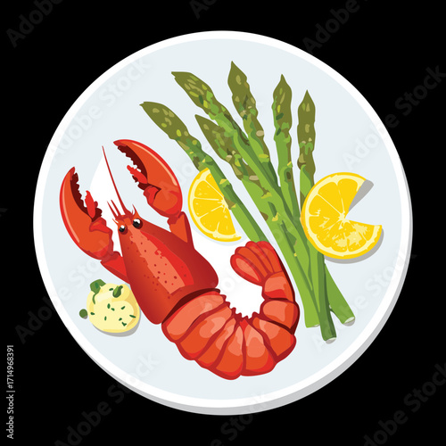 Perfectly cooked lobster tail and claw, served with bright green asparagus spears and a fresh wedge of lemon on a classic white dinner plate - Vector Illustration.