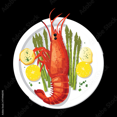 Delicious cooked lobster with roasted baby potatoes and steamed asparagus spears, beautifully plated on white porcelain with a dark background - Vector Illustration.