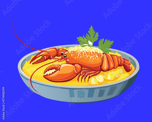 Rich, thick seafood chowder or bisque with a bold red lobster half and fresh green herbs, presented in a unique deep blue and vibrant purple bowl - Vector Illustration.