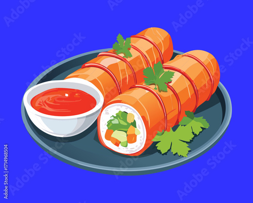 Golden-brown spring rolls, filled with fresh vegetables and shrimp, served whole with a vibrant red dipping sauce on a dark blue and purple plate - Vector Illustration.