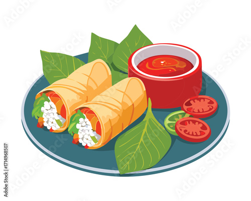 Crispy fried spring rolls or lumpias, sliced and served with a bright red dipping sauce and cherry tomato garnish on a dark blue plate - Vector Illustration.