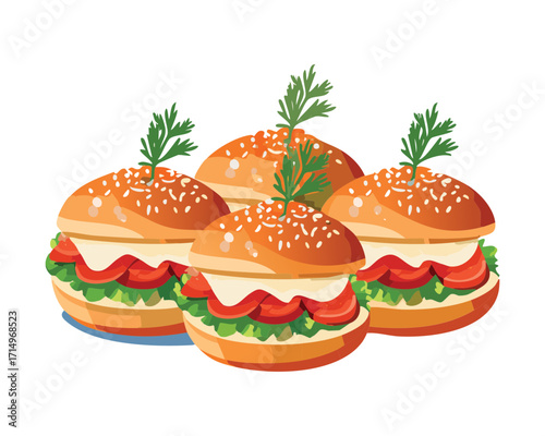 appetizing mini lobster or crawfish sliders, stacked high with lettuce, tomato, cheese, and sesame seed buns, ready for a party - Vector Illustration.