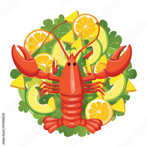 Delicious and refreshing lobster salad featuring large chunks of red meat, crisp greens, sliced avocado, and a zesty lemon and lime vinaigrette - Vector Illustration.

