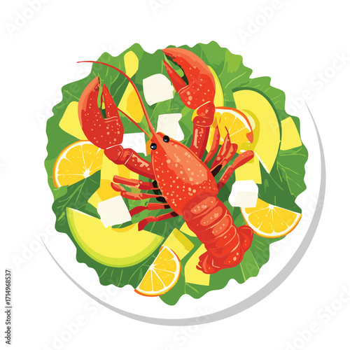 Top-down view of a colorful, healthy lobster and avocado salad, tossed with mixed greens, red onion, and citrus dressing on a clean white plate - Vector Illustration