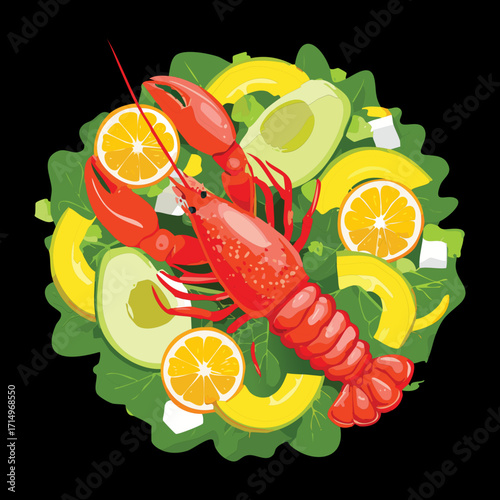 Vibrant gourmet seafood salad featuring cooked red lobster or shrimp, fresh avocado slices, crispy lettuce, and bright lemon wedges on a dark background - Vector Illustration.