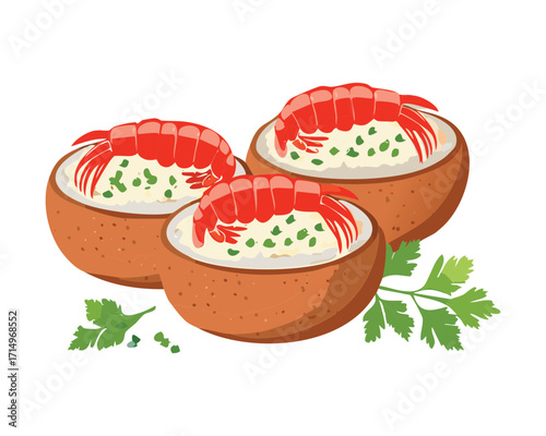 Three coconut bowls filled with light, fluffy white rice, each portion generously topped with a cooked red shrimp and a sprig of green parsley - Vector Illustration.

