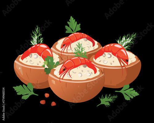  Rustic presentation of white rice inside dark coconut bowls, artfully topped with bright red shrimp and fresh green dill on a dramatic black background - Vector Illustration.

