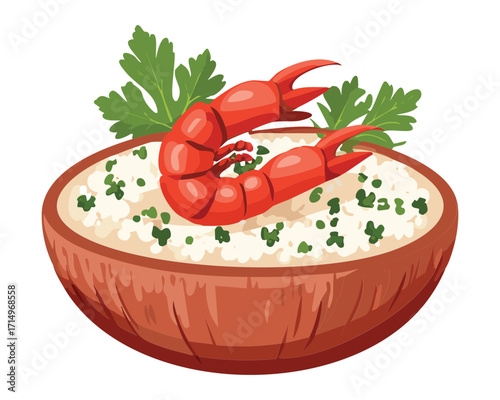  Creamy white rice or risotto served beautifully inside a halved coconut shell bowl, topped with a red crawfish and fresh green parsley garnish - Vector Illustration.

