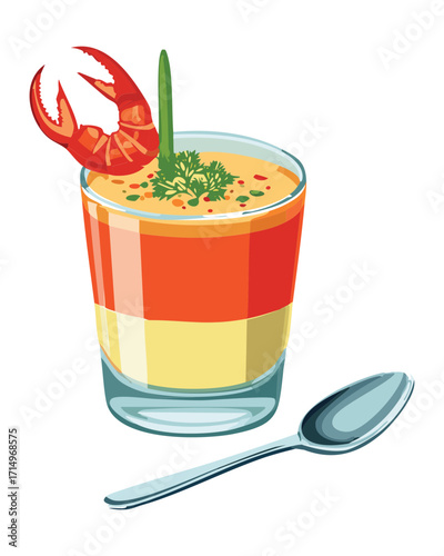 Layered chilled seafood cocktail or gazpacho, featuring alternating colors of creamy yellow and red sauce, garnished with a red shrimp and served with a spoon - Vector Illustration.

