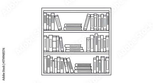 A detailed line drawing of a three-shelf wooden bookcase filled with numerous books.