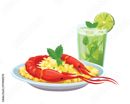 A delicious plate of zesty yellow saffron rice, featuring a cooked crawfish or large shrimp and a fresh garnish of mint and lime slices - Vector Illustration.