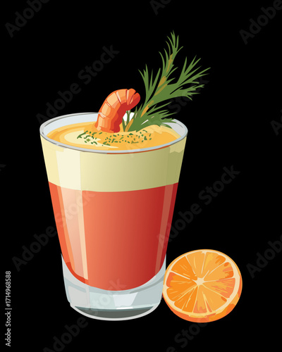 Layered savory seafood drink or chilled gazpacho shot in a glass, with white, orange, and pink layers, garnished with a red shrimp and fresh dill - Vector Illustration.