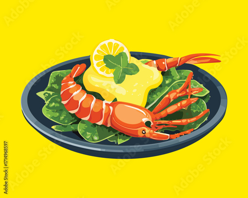 Luxurious lobster eggs benedict on a dark plate with fresh greens, drenched in rich yellow hollandaise sauce against a vibrant yellow background - Vector Illustration.

