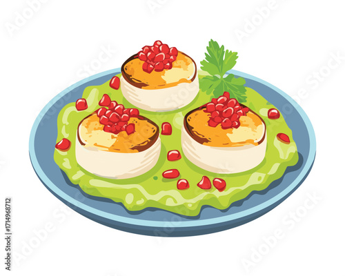 Gourmet deviled egg halves, topped with bright orange caviar and jewel-toned pomegranate seeds, served on a sweet green pea puree - Vector Illustration.