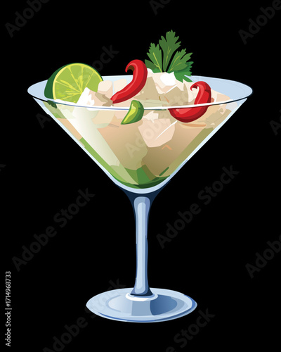Chilled and spicy ceviche cocktail with white fish or shrimp, served in a classic martini glass with red chili, fresh lime, and cilantro garnish - Vector Illustration.

