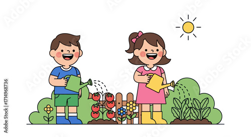 Happy Children Watering Plants in a Garden.