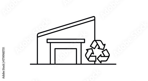 Recycling Center Outline Icon with Triangular Arrows Symbol.