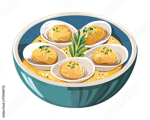 Exotic Asian-inspired dish: several clams or mussels served in their shells on a bed of yellow rice, surrounded by a light, flavorful broth - Vector Illustration.

