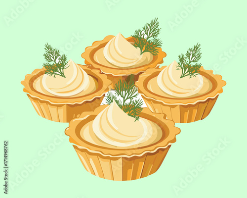 delightful savory tartlets or mini quiches, filled with a creamy mousse and generously topped with fresh green parsley on a light green background - Vector Illustration.