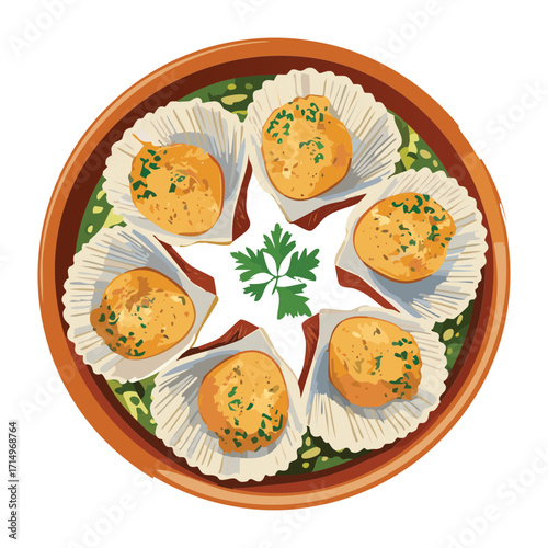 Top-down view of six baked scallops served in their natural shells, smothered in a rich herb butter sauce and presented on a woven placemat - Vector Illustration.