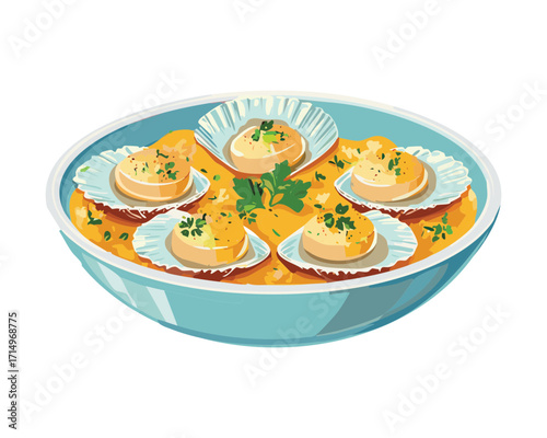 Classic Coquilles Saint-Jacques or baked scallops, served in their shells with a rich creamy sauce and fresh parsley garnish in a shallow bowl - Vector Illustration.
